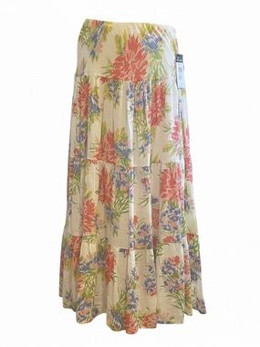 Chaps Floral Tiered Maxi Skirt in Cream, Coral & Blue